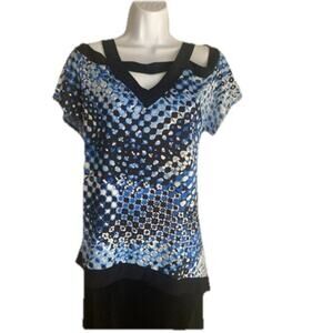 Per Seption Women Plus Size 1X Cold Shoulder Blue White Short Sleeve Blouse Top